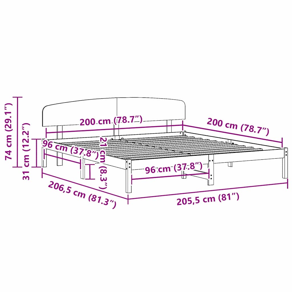 vidaXL Bed Frame with Headboard White 200 x 200 cm Solid Pine Wood
