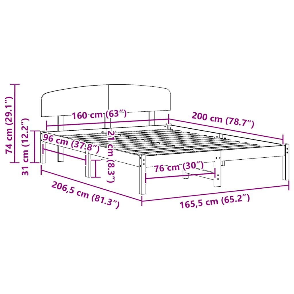vidaXL Bed Frame with Headboard Natural 160 x 200 cm Solid Pine Wood