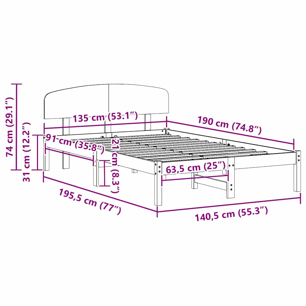 vidaXL Bed Frame with Headboard Natural 135 x 190 cm Solid Pine Wood