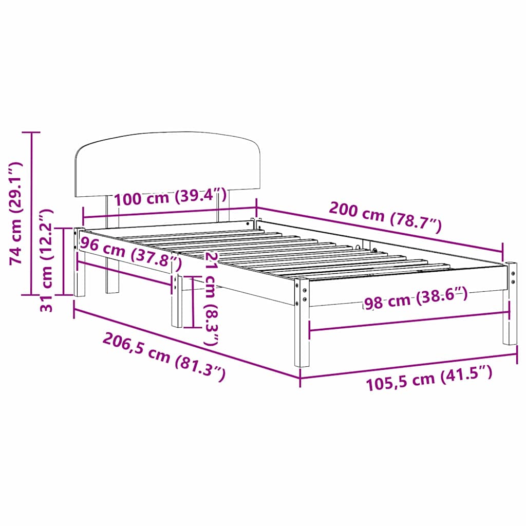 vidaXL Bed Frame with Headboard Natural 100 x 200 cm Solid Pine Wood