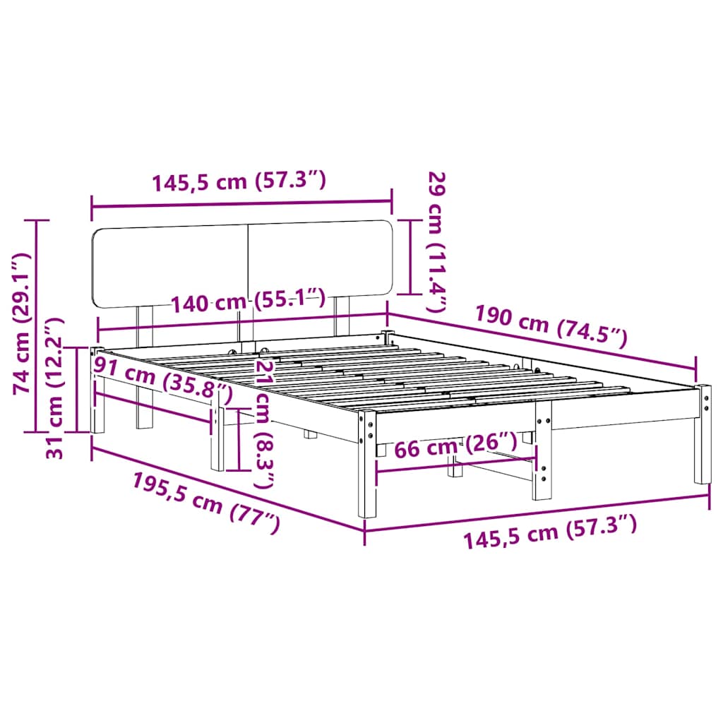 vidaXL Bed Frame with Headboard Natural 140 x 190 cm Solid Pine Wood