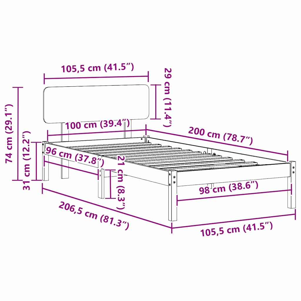 vidaXL Bed Frame with Headboard White 100 x 200 cm Solid Pine Wood