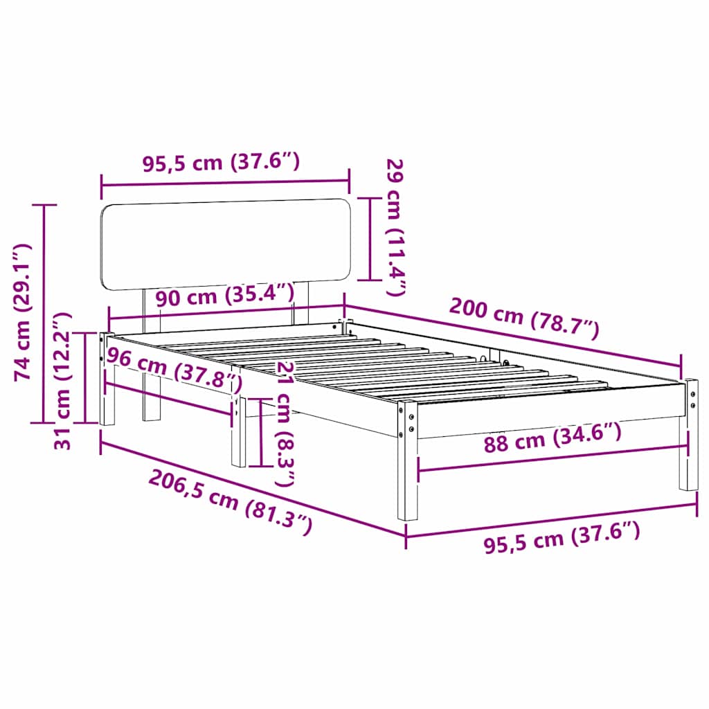 vidaXL Bed Frame with Headboard Natural 90 x 200 cm Solid Pine Wood