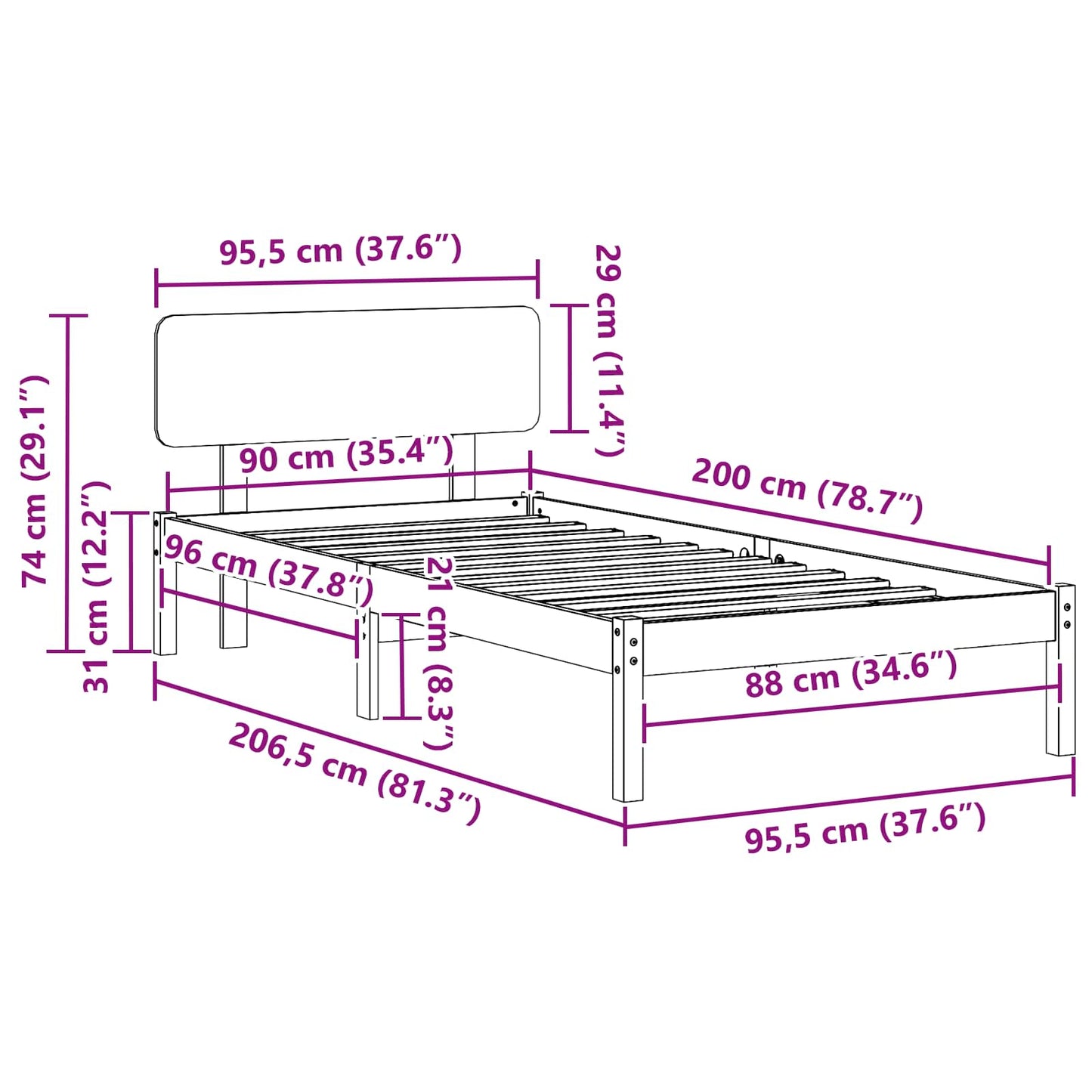 vidaXL Bed Frame with Headboard White 90 x 200 cm Solid Pine Wood