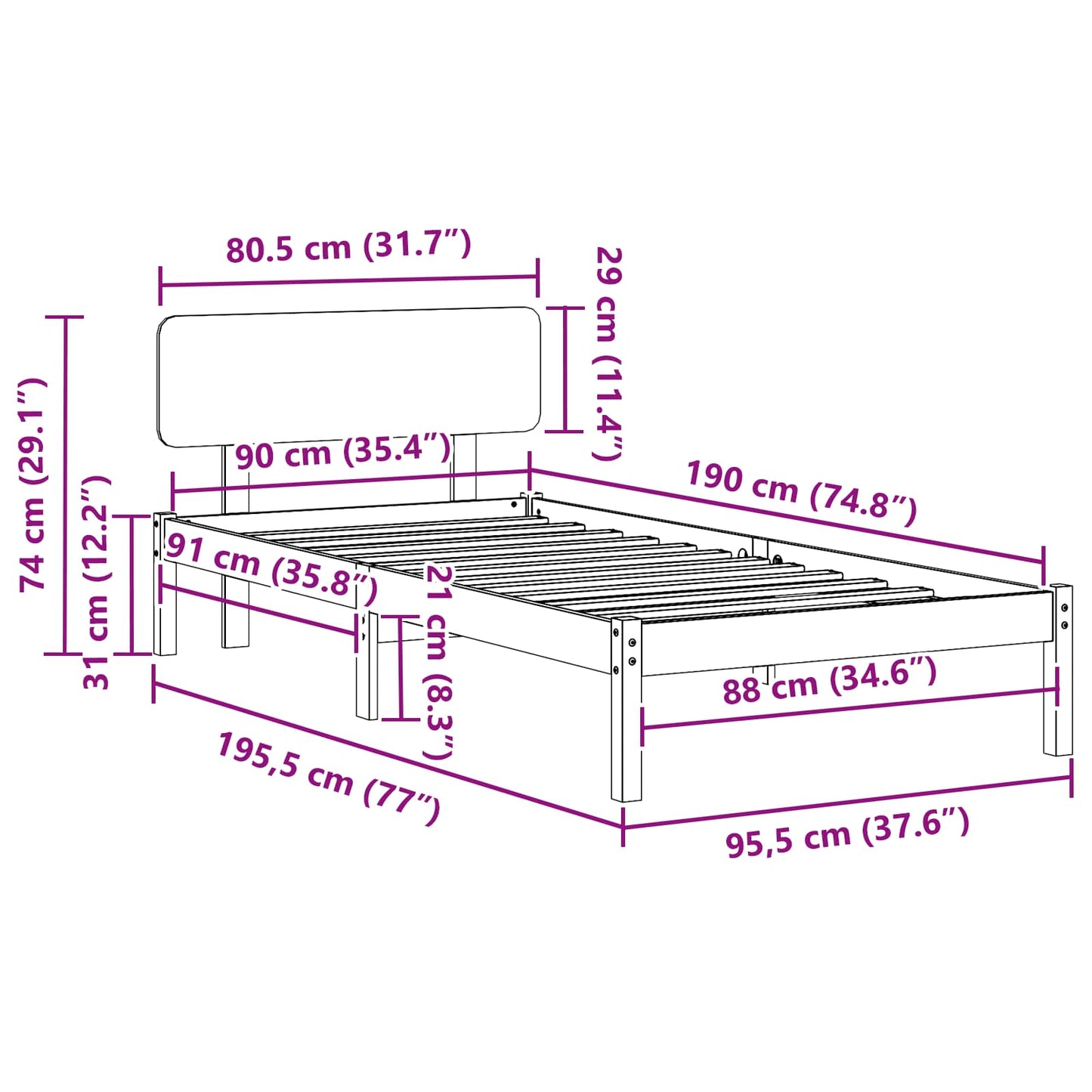 vidaXL Bed Frame with Headboard White 90 x 190 cm Solid Pine Wood