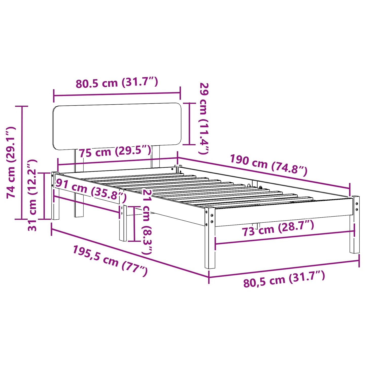 vidaXL Bed Frame with Headboard Natural 75 x 190 cm Solid Pine Wood