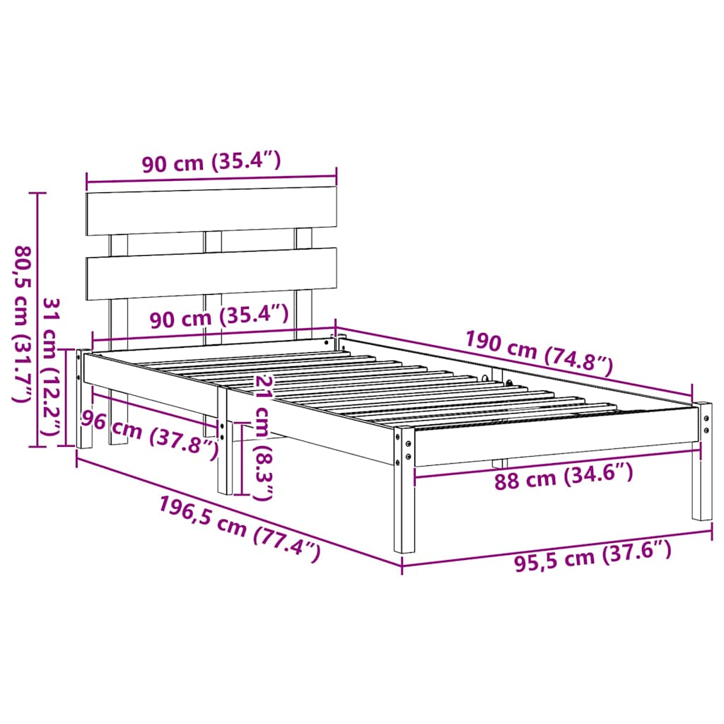 vidaXL Bed Frame with Headboard White 90 x 190 cm Solid Pine wood