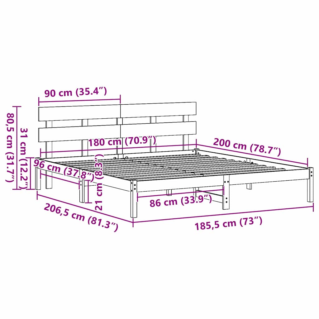vidaXL Bed Frame with Headboard Brown 180 x 200 cm Solid Pine wood