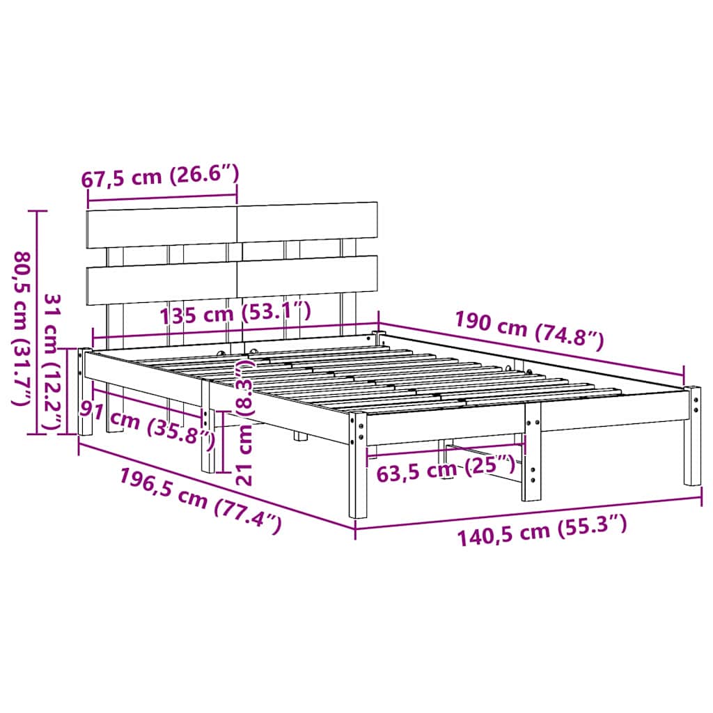 vidaXL Bed Frame with Headboard Brown 135 x 190 cm Solid Pine wood
