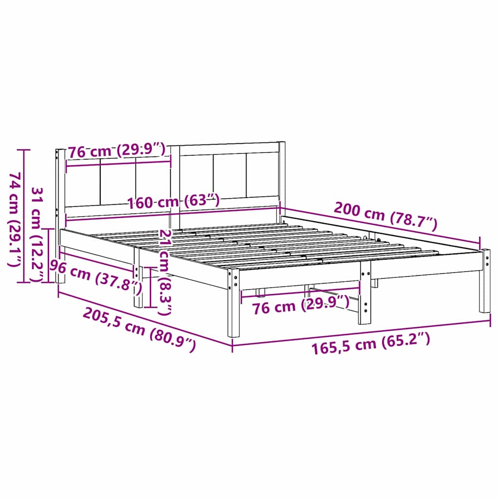 vidaXL Bed Frame White 160 x 200 cm Solid Pine wood