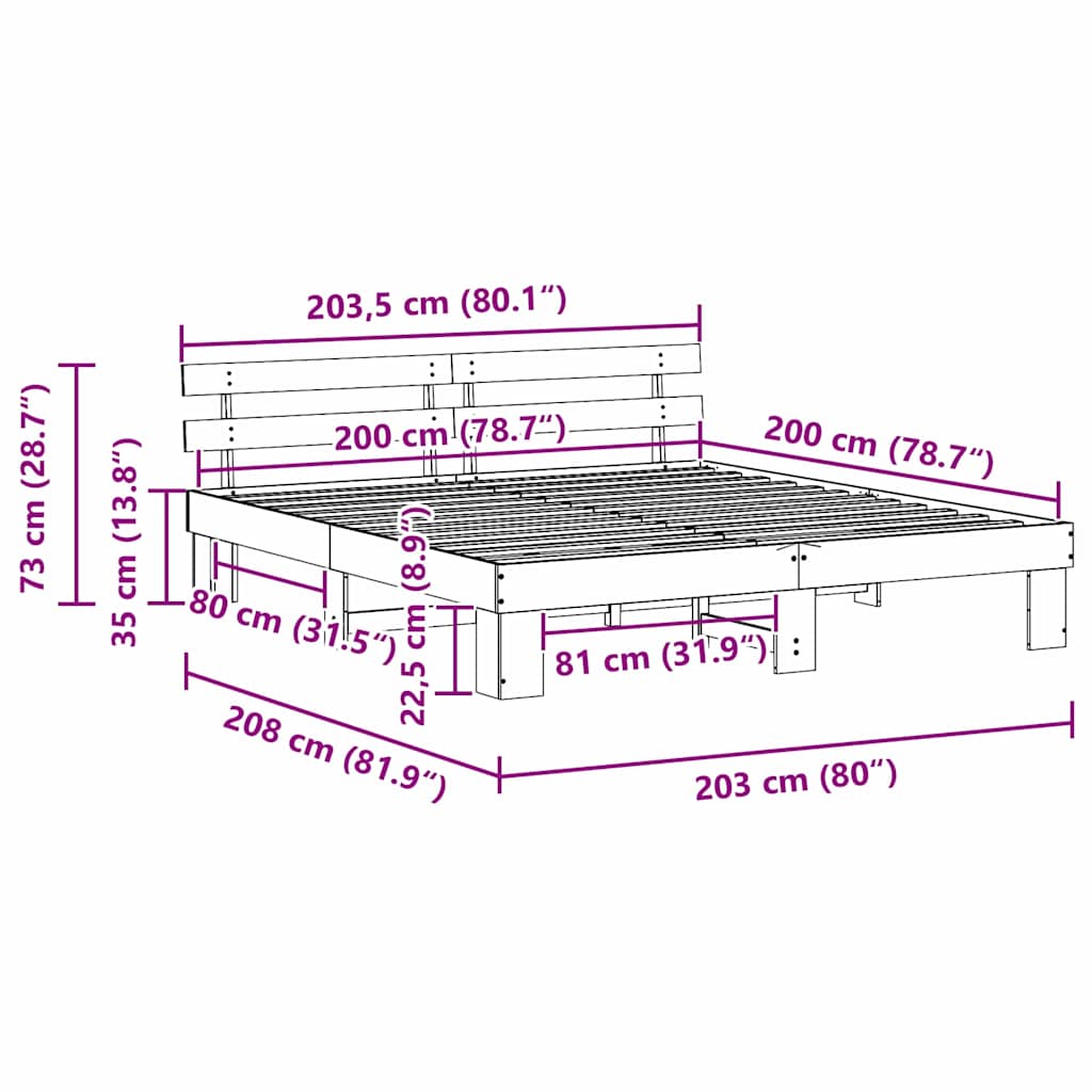 vidaXL Bed Frame with Headboard White 200 x 200 cm Solid Pine Wood
