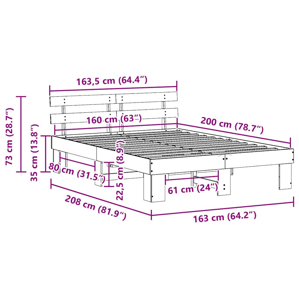 vidaXL Bed Frame with Headboard Wax Brown 160 x 200 cm Solid Pine Wood