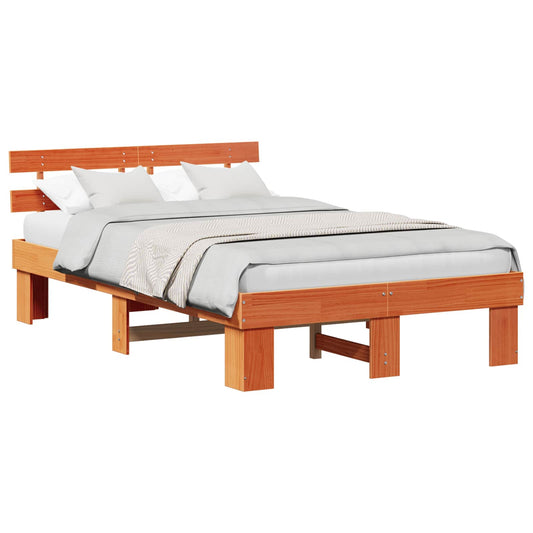 vidaXL Bed Frame with Headboard Wax Brown 135 x 190 cm Solid Pine Wood