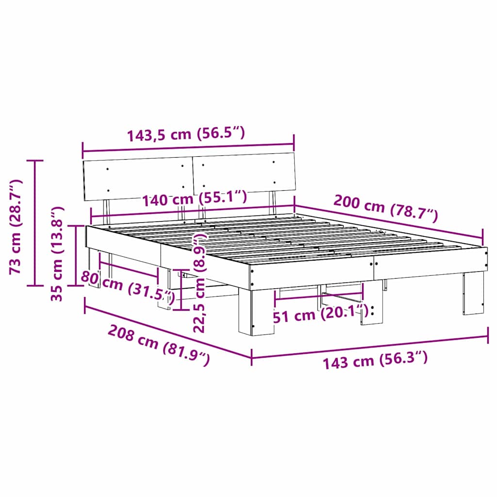 vidaXL Bed Frame with Headboard White 140 x 200 cm Solid Pine Wood