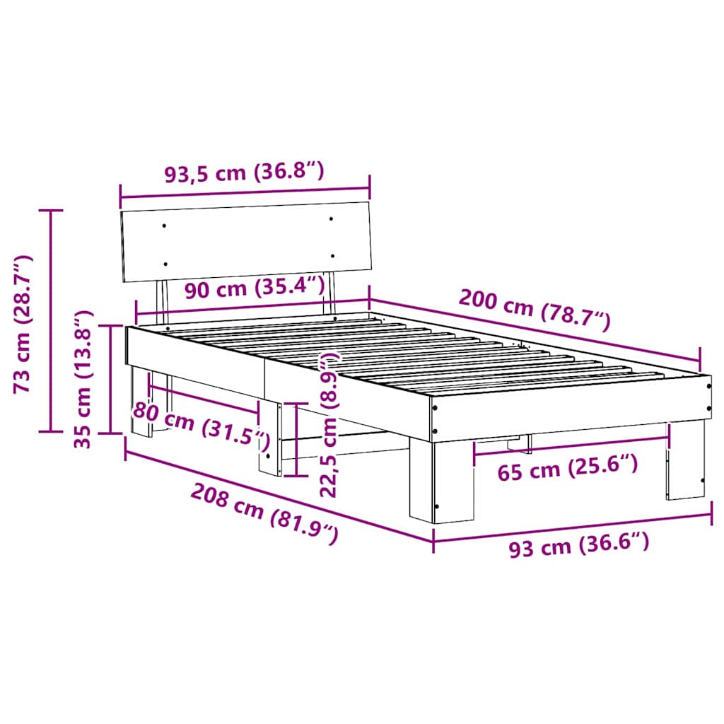 vidaXL Bed Frame with Headboard White 90 x 200 cm Solid Pine Wood