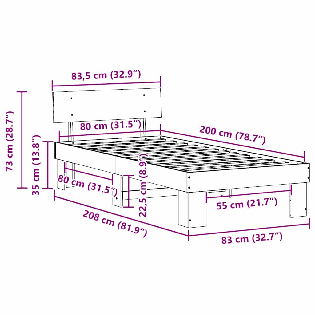 vidaXL Bed Frame with Headboard Wax Brown 80 x 200 cm Solid Pine Wood