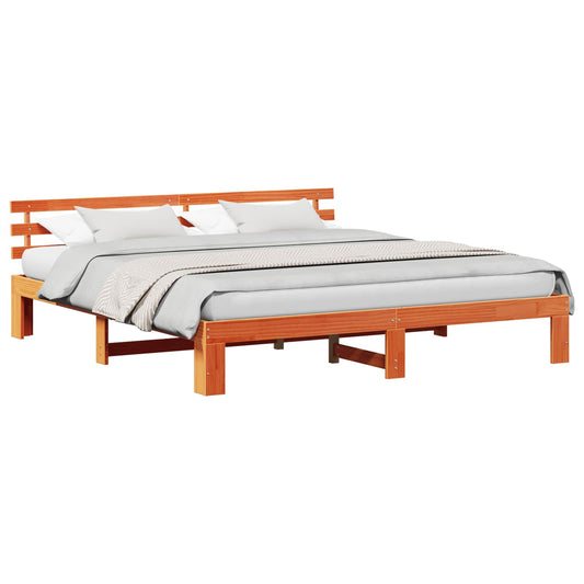 vidaXL Bed Frame with Headboard Wax Brown 200 x 200 cm Solid Pine Wood