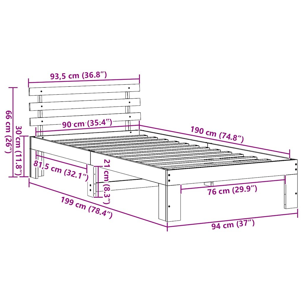 vidaXL Bed Frame with Headboard Wax Brown 90 x 190 cm Solid Pine Wood