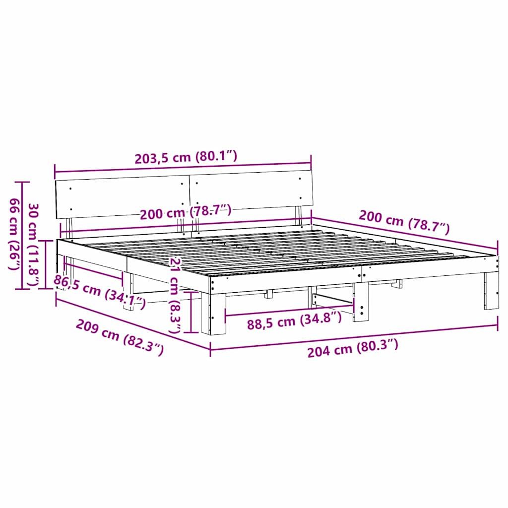 vidaXL Bed Frame with Headboard Wax Brown 200 x 200 cm Solid Pine Wood