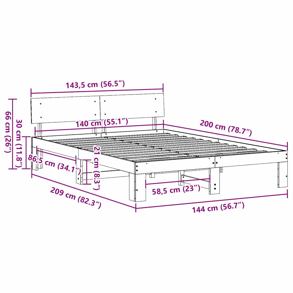 vidaXL Bed Frame with Headboard Natural 140 x 200 cm Solid Pine Wood