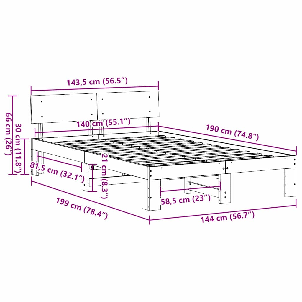 vidaXL Bed Frame with Headboard Natural 140 x 190 cm Solid Pine Wood