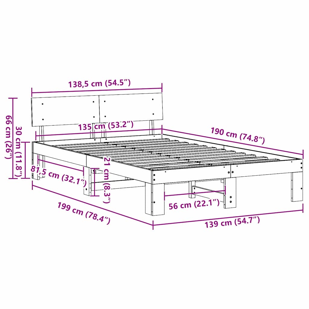 vidaXL Bed Frame with Headboard Natural 135 x 190 cm Solid Pine Wood