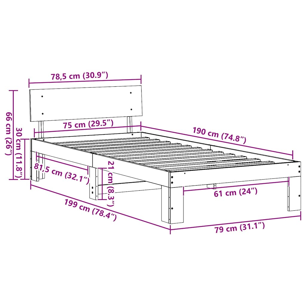 vidaXL Bed Frame with Headboard Wax Brown 75 x 190 cm Solid Pine Wood