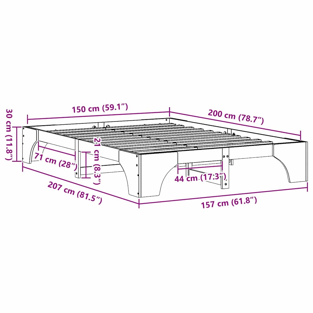 vidaXL Bed Frame Natural 150 x 200 cm Solid Pine Wood