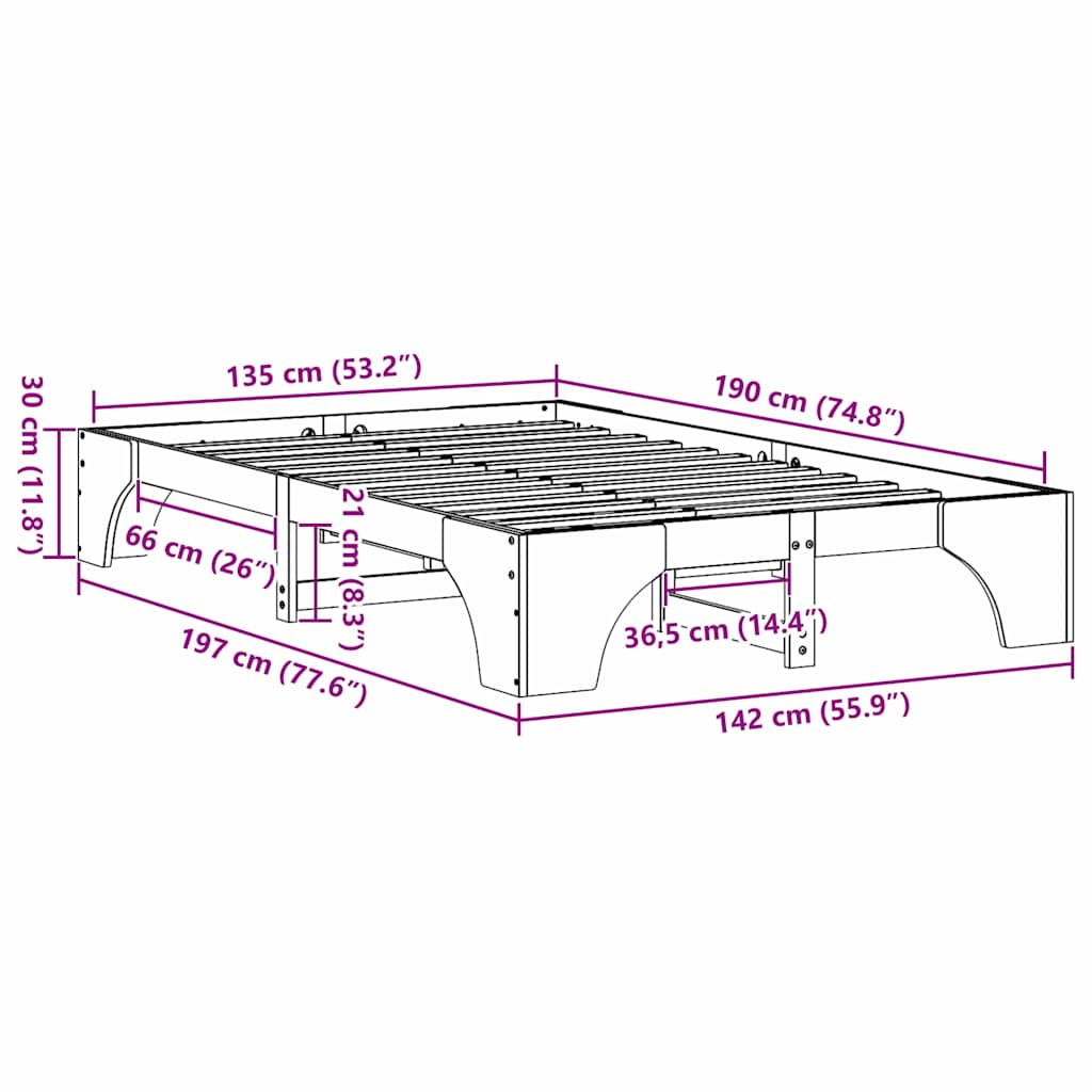 vidaXL Bed Frame Wax Brown 135 x 190 cm Solid Pine Wood