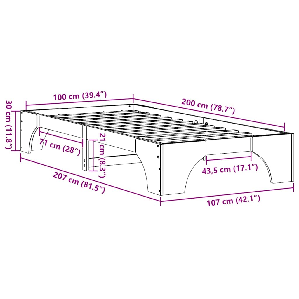 vidaXL Bed Frame Natural 100 x 200 cm Solid Pine Wood
