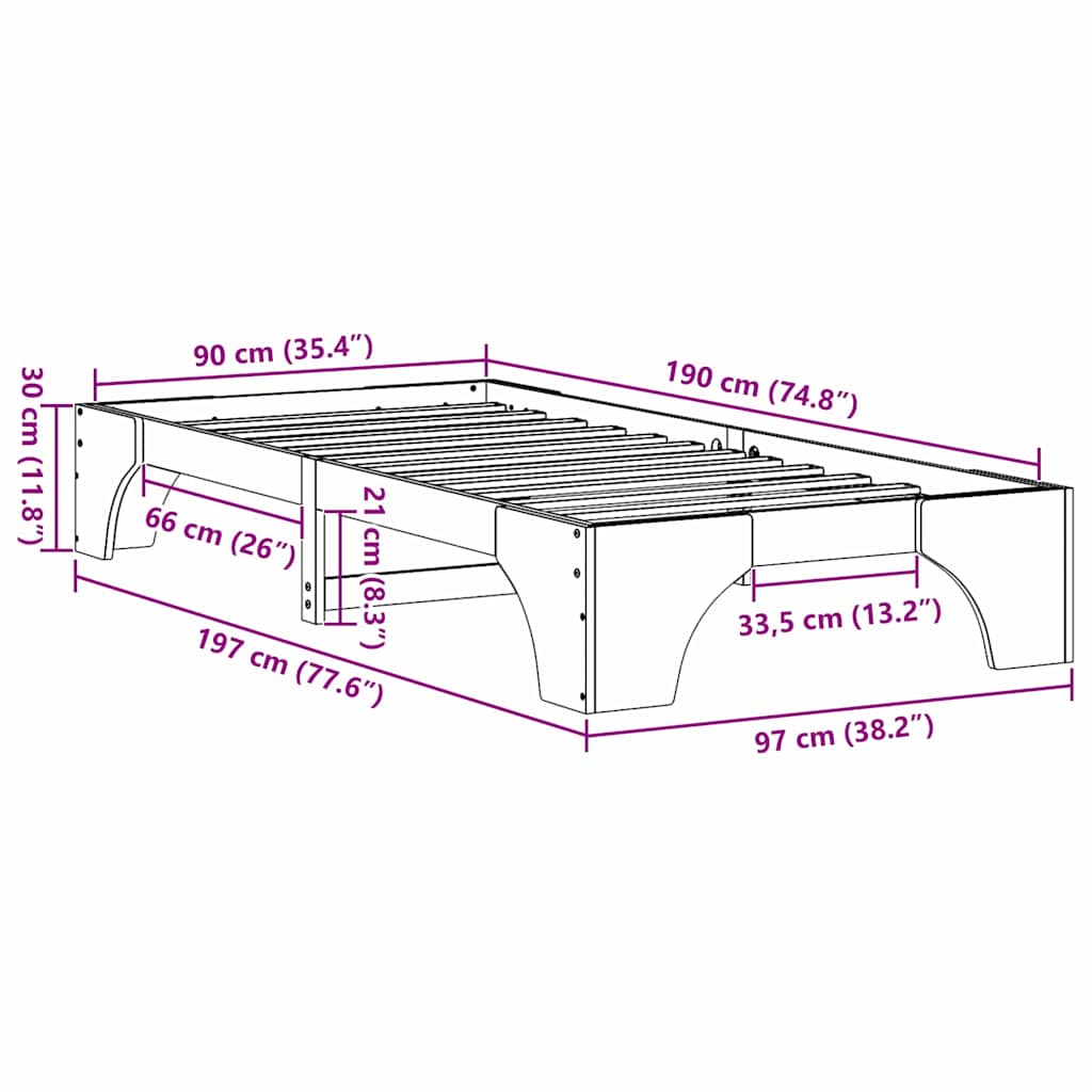 vidaXL Bed Frame Natural 90 x 190 cm Solid Pine Wood