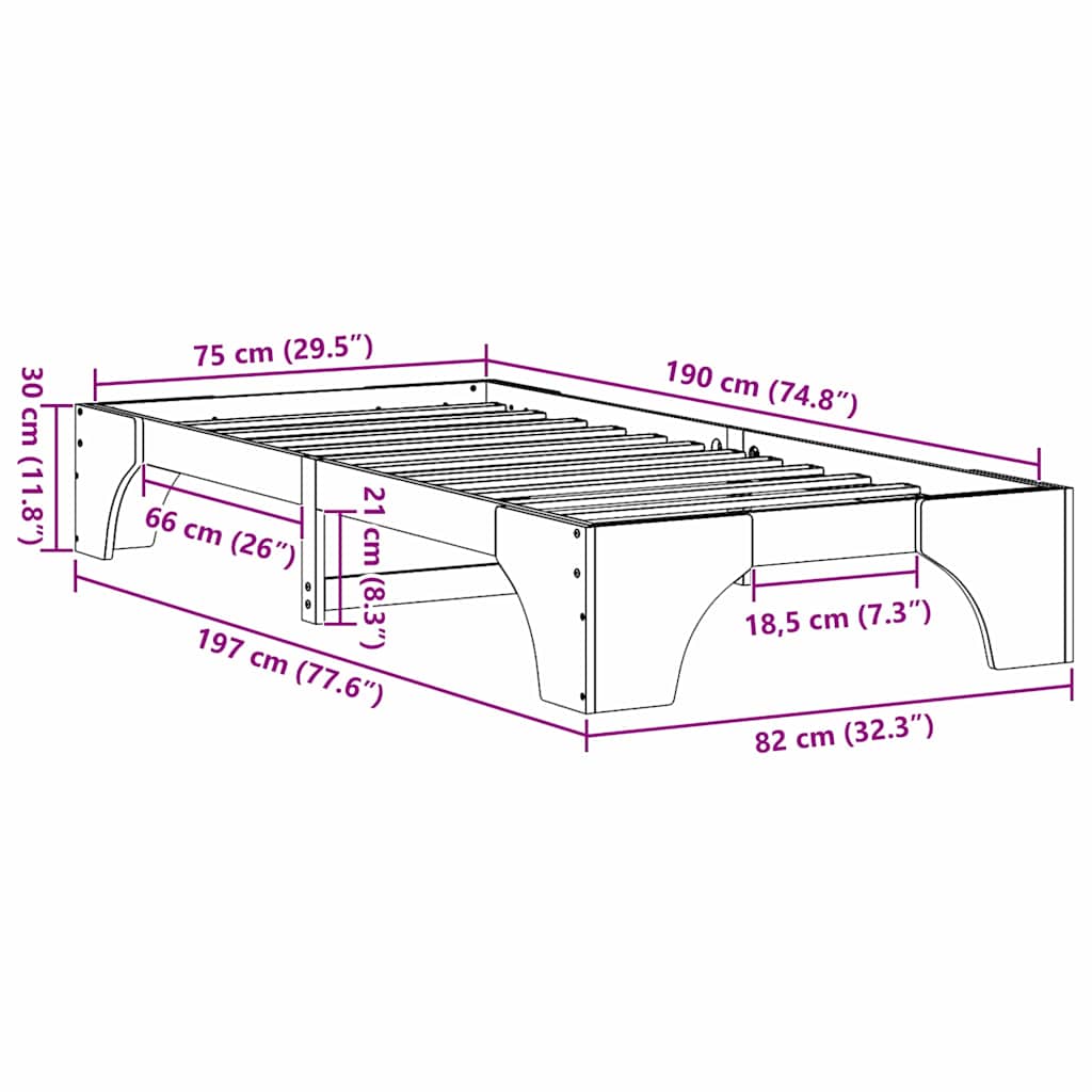 vidaXL Bed Frame Natural 75 x 190 cm Solid Pine Wood