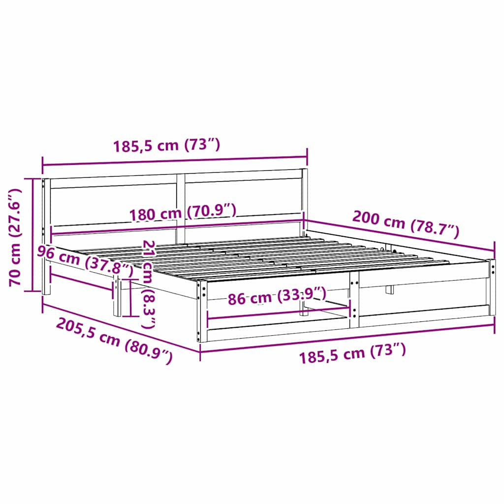 vidaXL Bed Frame with Headboard Natural 180 x 200 cm Solid Pine Wood