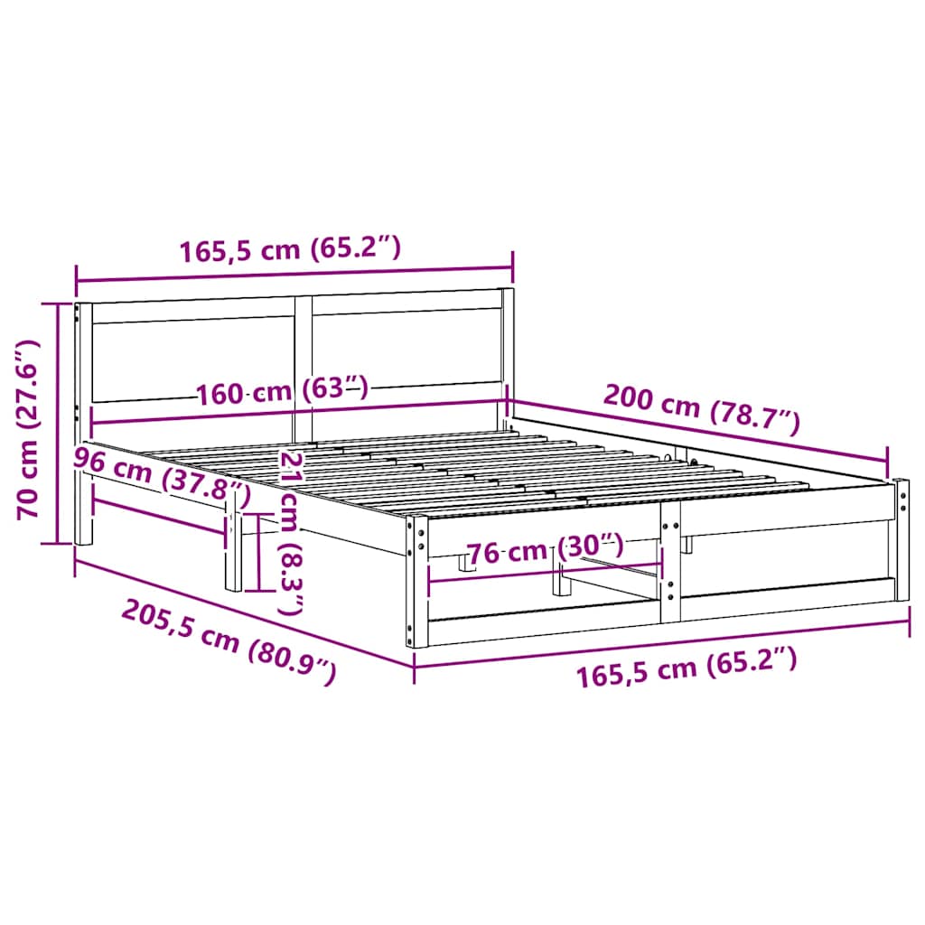 vidaXL Bed Frame with Headboard White 160 x 200 cm Solid Pine Wood