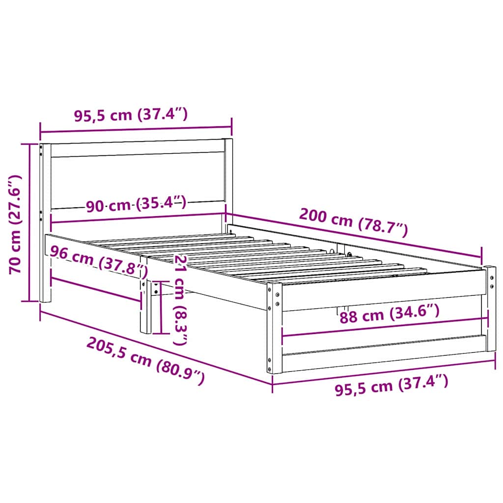 vidaXL Bed Frame with Headboard Natural 90 x 200 cm Solid Pine Wood