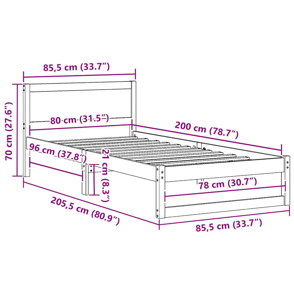 vidaXL Bed Frame with Headboard White 80 x 200 cm Solid Pine Wood