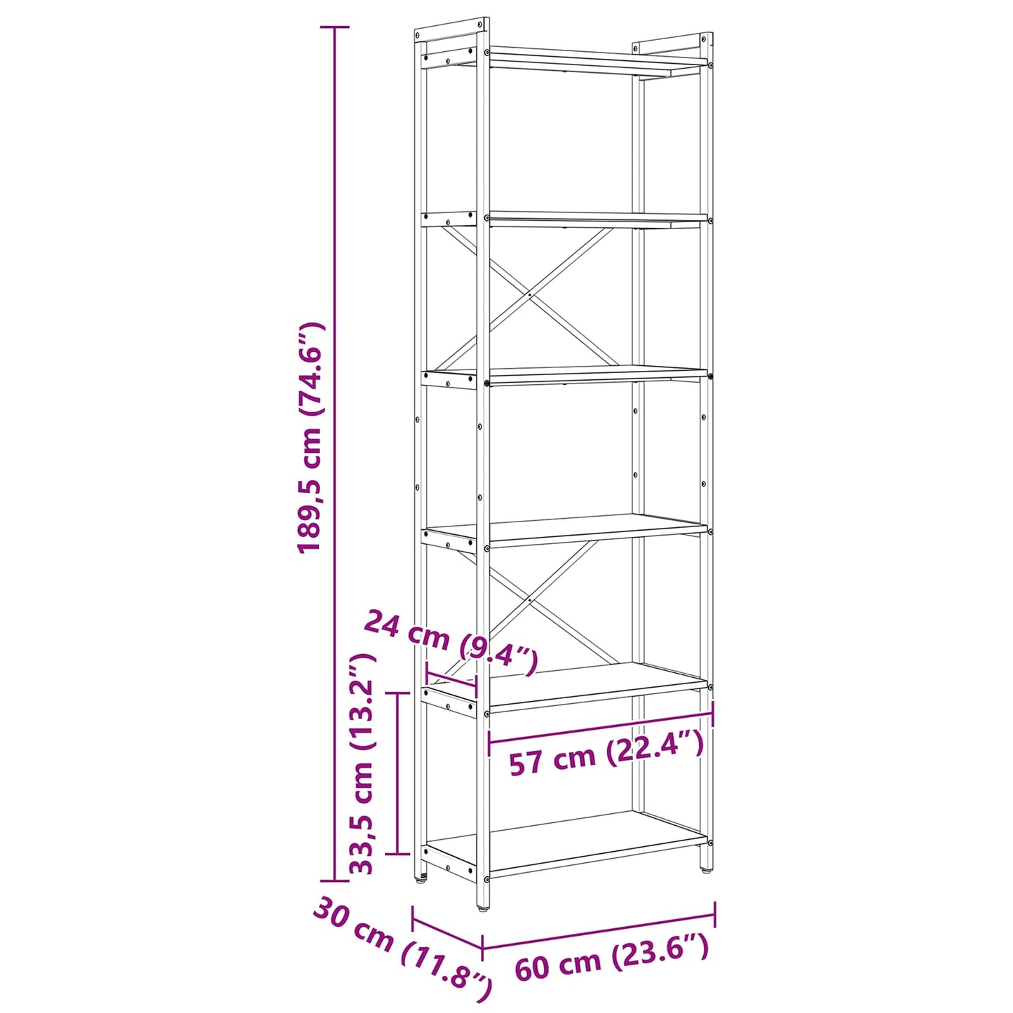 vidaXL Bookshelf 60 x 30 x 189.5 cm Engineered Wood Old wood