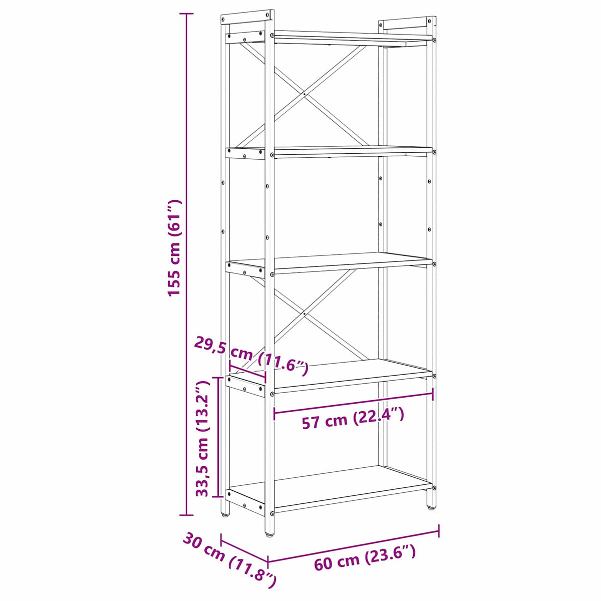 vidaXL Bookshelf 60 x 30 x 155 cm Engineered Wood Grey sonoma