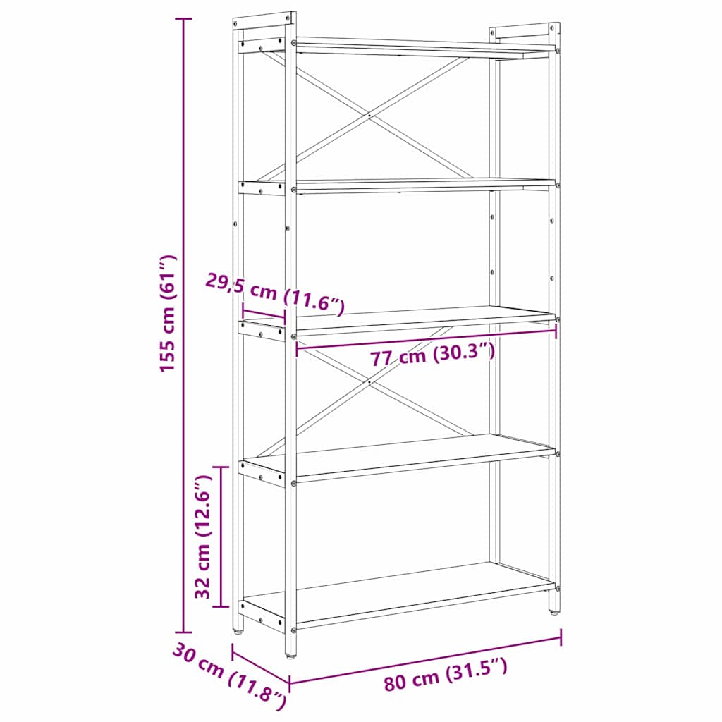 vidaXL Bookshelf 80 x 30 x 155 cm Engineered Wood Black Oak
