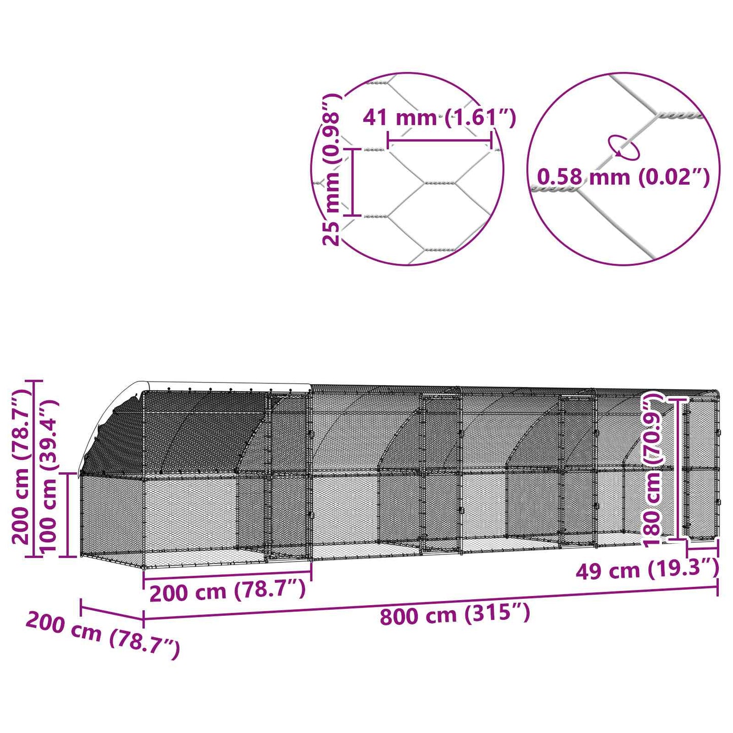 vidaXL Chicken Cage 4 pcs Silver 800 x 200 x 200 cm Steel and PE