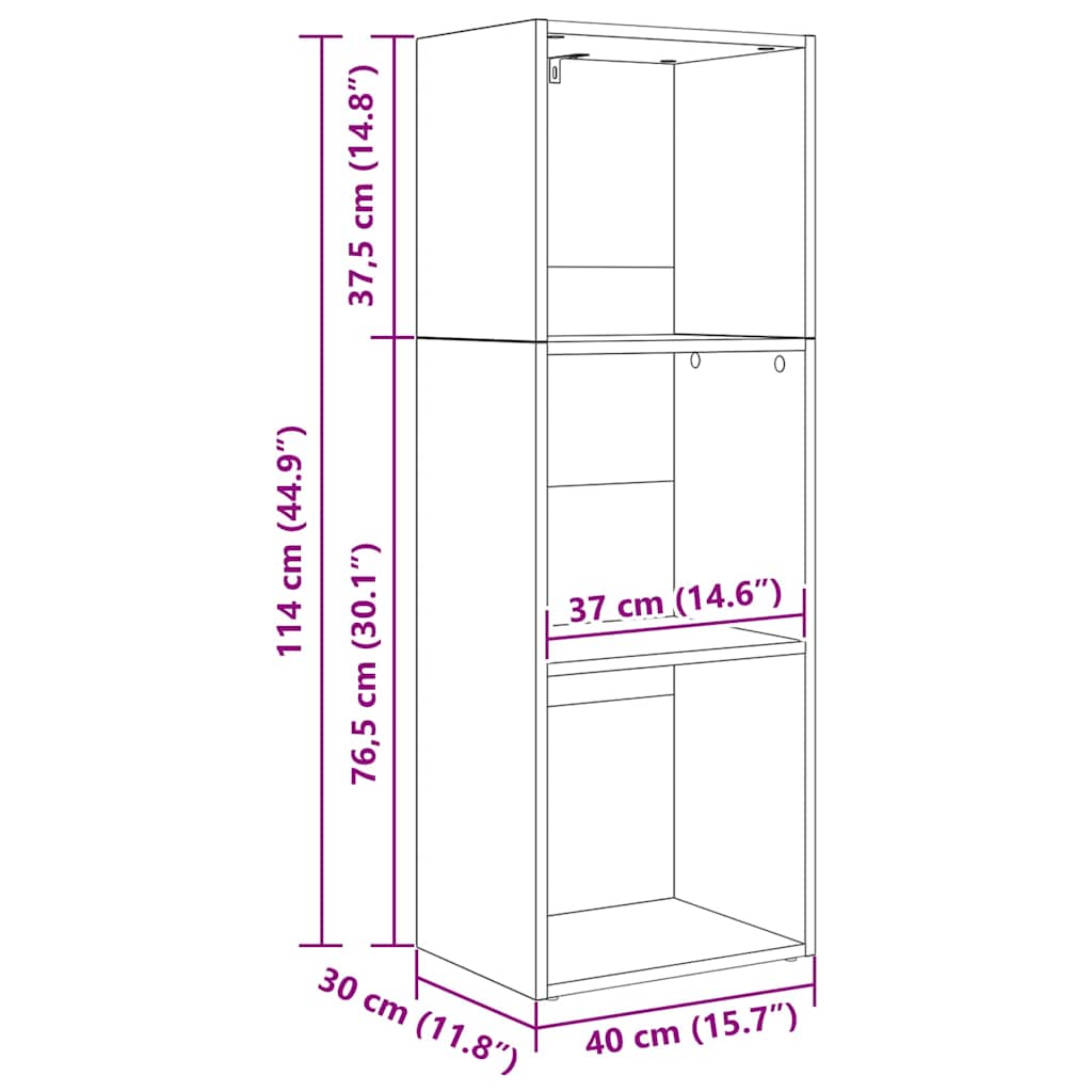 vidaXL Bookshelf 3-Tier 40 x 30 x 114 cm Engineered Wood Black Oak