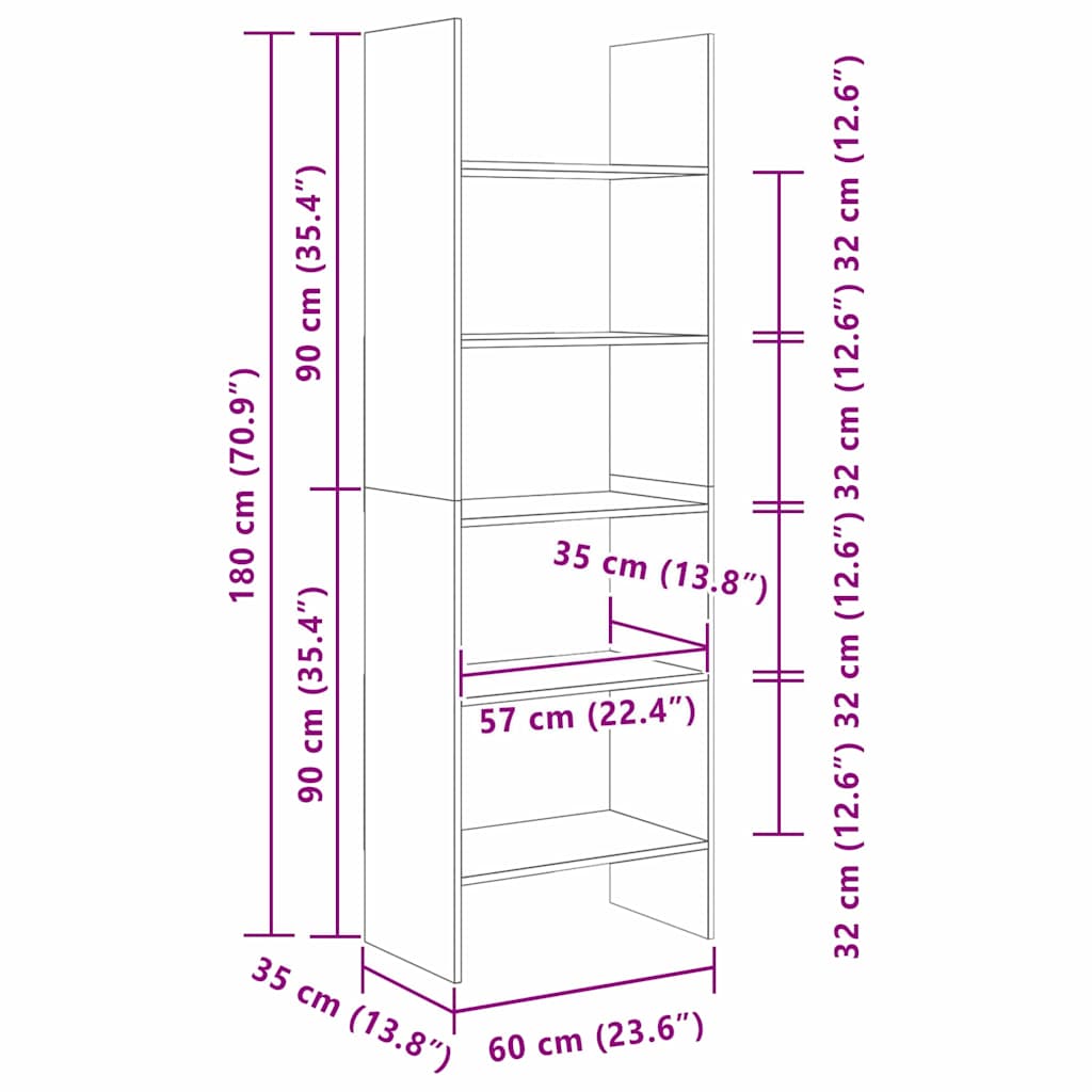 vidaXL Book Cabinet 5-Tier 60 x 35 x 180 cm Engineered Wood