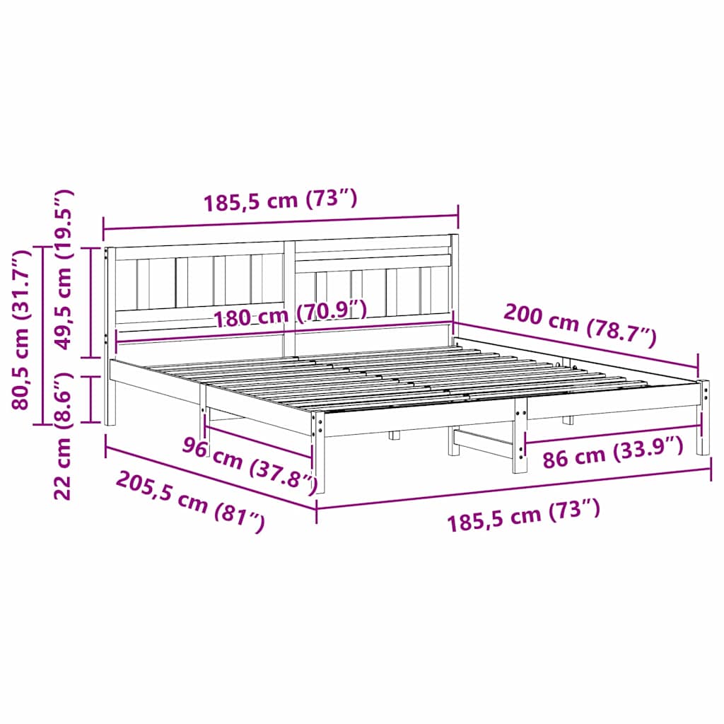 vidaXL Bed Frame with Headboard Wax Brown 180 x 200 cm Solid Pine Wood