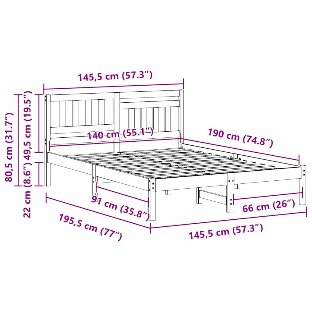 vidaXL Bed Frame with Headboard White 140 x 190 cm Solid Pine Wood