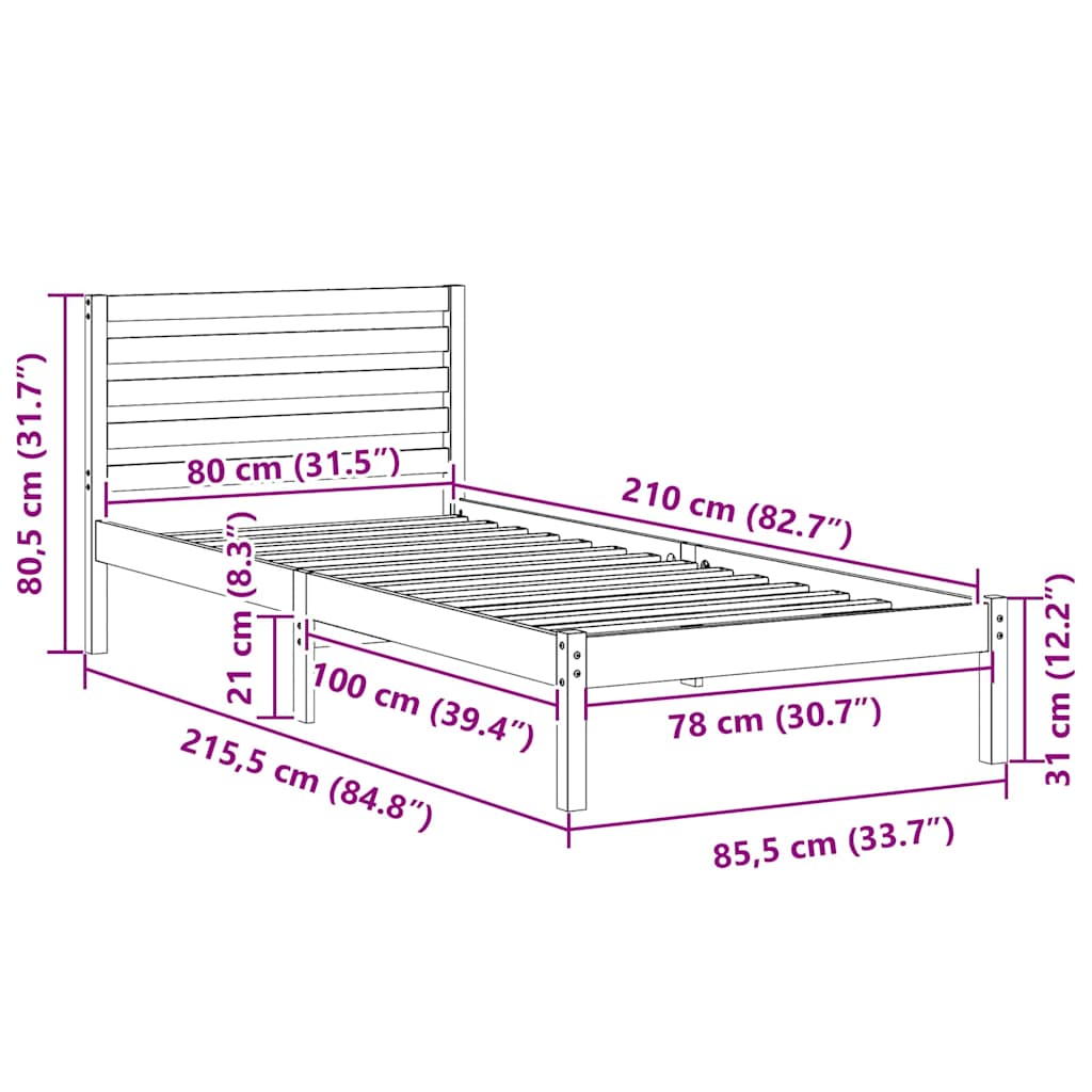 vidaXL Bed Frame with Headboard Wax Brown 80 x 210 cm Solid Pine Wood