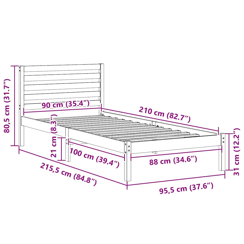 vidaXL Bed Frame with Headboard White 90 x 210 cm Solid Pine Wood