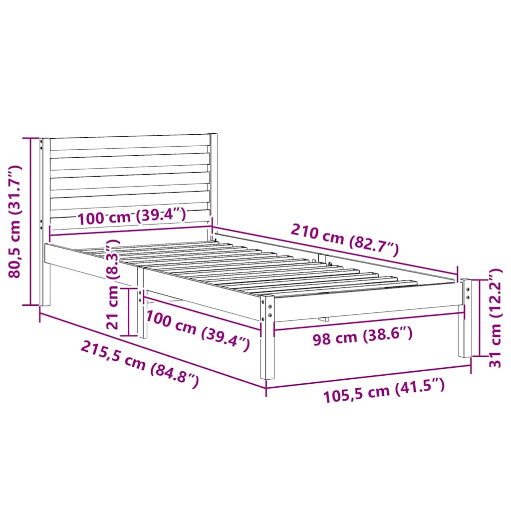 vidaXL Bed Frame with Headboard Wax Brown 100 x 210 cm Solid Pine Wood