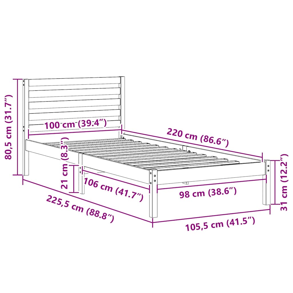 vidaXL Bed Frame with Headboard Wax Brown 100 x 220 cm Solid Pine Wood