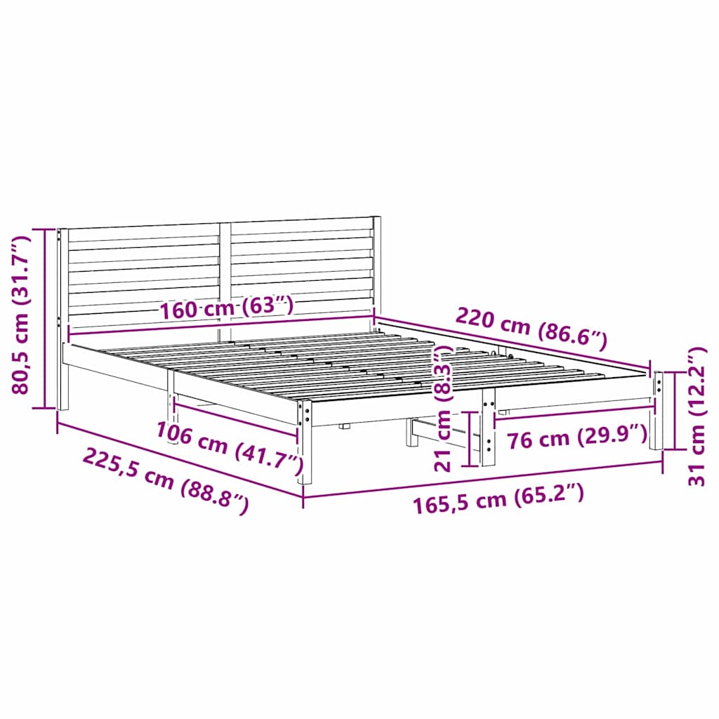 vidaXL Bed Frame with Headboard Brown 160 x 220 cm Solid Pine Wood