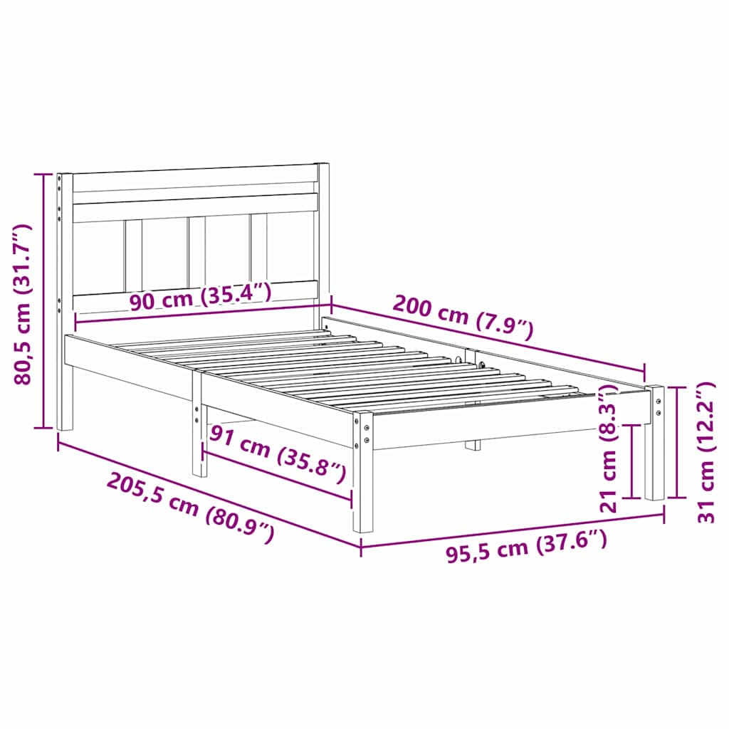 vidaXL Bed Frame White 90 x 200 cm Solid Pine Wood